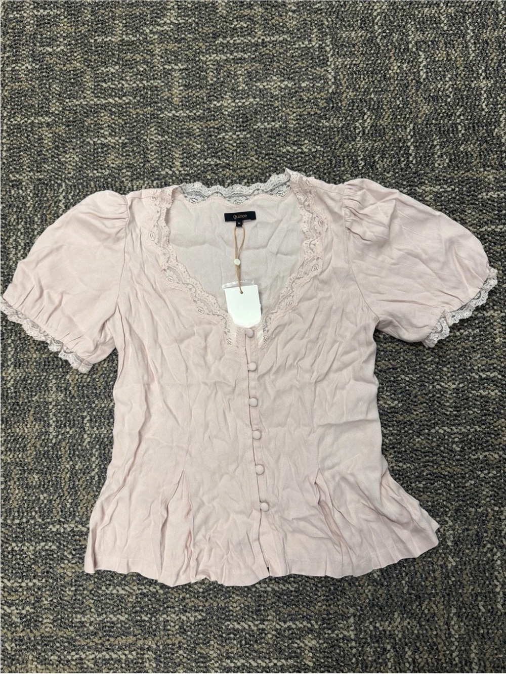 Quince NWT Coquette Shell Pink Lace Trim Peplum Blouse Medium - Picture 2 of 5